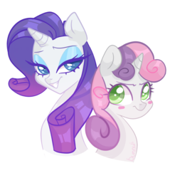 Size: 2771x2900 | Tagged: safe, artist:bunnwi, rarity, sweetie belle, pony, unicorn, g4, blush sticker, blushing, bust, colored pupils, duo, female, high res, lidded eyes, portrait, simple background, sisters, transparent background