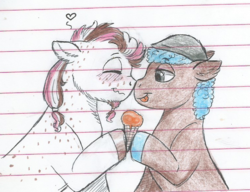 Size: 762x586 | Tagged: safe, artist:69beas, oc, oc only, oc:oliver, oc:theo, pony, beret, blushing, colored hooves, eyes closed, facial hair, floppy ears, food, freckles, gay, hat, holding ice cream, ice cream, lidded eyes, lined paper, male, shipping, smiling, stallion, tongue out, traditional art