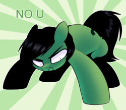 Size: 1098x957 | Tagged: safe, artist:killasher, oc, oc only, oc:filly anon, earth pony, pony, 4chan, angry, female, filly, no u, solo, sunburst background