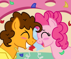 Size: 600x500 | Tagged: safe, artist:melodytheunicorn, cheese sandwich, pinkie pie, earth pony, pony, g4, balloon, blushing, confetti, eyes closed, female, happy, male, mare, open mouth, ship:cheesepie, shipping, smiling, stallion, straight, sugarcube corner