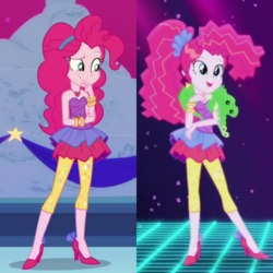 Size: 1024x1024 | Tagged: source needed, safe, edit, screencap, gummy, pinkie pie, equestria girls, friendship through the ages, g4, my little pony equestria girls: better together, my little pony equestria girls: rainbow rocks, twilight under the stars, bare shoulders, bracelet, clothes, comparison, cropped, dress, female, high heels, jewelry, leggings, necklace, outfit catalog, ponytail, shoes, skirt, sleeveless, solo, strapless