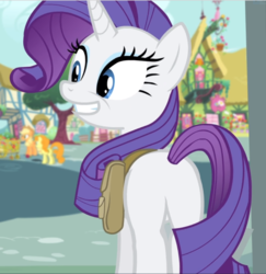 Size: 912x940 | Tagged: safe, screencap, applejack, carrot top, golden harvest, rarity, earth pony, pony, unicorn, g4, inspiration manifestation, butt, cropped, female, grin, mare, plot, rearity, saddle bag, smiling, solo focus, teeth