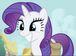 Size: 1275x941 | Tagged: safe, screencap, rarity, pony, unicorn, g4, inspiration manifestation, big smile, cropped, cute, female, grin, mare, raribetes, saddle bag, smiling, solo, teeth