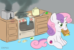 Size: 1000x667 | Tagged: safe, artist:empyu, sweetie belle, pony, g4, cooking, eating, female, filly, food, kitchen, messy mane, mouth hold, sandwich, smoke, solo, stove, sweat, sweetie belle can't cook, sweetie fail, toaster