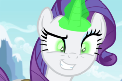 Size: 1410x939 | Tagged: safe, screencap, rarity, pony, unicorn, g4, inspiration manifestation, close-up, cropped, evil smile, female, glowing eyes, glowing horn, grin, horn, inspirarity, mare, possessed, smiling, solo, teeth