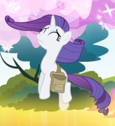 Size: 783x853 | Tagged: safe, screencap, rarity, pony, unicorn, g4, inspiration manifestation, cropped, eyes closed, female, floating, mare, saddle bag, solo, windswept mane