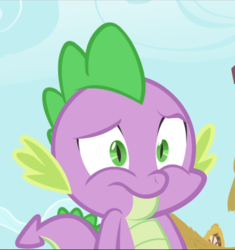 Size: 884x940 | Tagged: safe, screencap, spike, dragon, g4, inspiration manifestation, cropped, looking at something, male, nervous, ponyville, sky, solo, wavy mouth