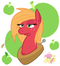 Size: 550x601 | Tagged: safe, artist:jargon scott, big macintosh, fluttershy, earth pony, pegasus, pony, g4, bust, butterscotch, female, floating heart, freckles, heart, macareina, male, mare, rule 63, ship:butterreina, ship:fluttermac, shipping, smiling, stallion, straight, straw in mouth