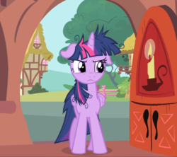 Size: 1056x937 | Tagged: safe, screencap, twilight sparkle, alicorn, pony, g4, inspiration manifestation, cropped, female, floppy ears, golden oaks library, messy mane, twilight sparkle (alicorn), twilight sparkle is not amused, unamused