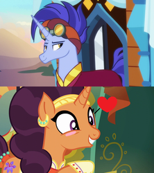 Size: 1280x1440 | Tagged: safe, artist:themexicanpunisher, edit, edited screencap, screencap, hoo'far, saffron masala, pony, g4, road to friendship, spice up your life, female, male, reaction, saf'far, shipping, shipping domino, stallion, straight