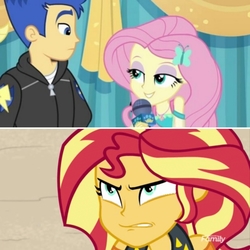 Size: 1564x1564 | Tagged: safe, edit, screencap, flash sentry, fluttershy, sunset shimmer, best in show: the pre-show, equestria girls, equestria girls specials, g4, my little pony equestria girls: better together, my little pony equestria girls: forgotten friendship, angry, discovery family logo, female, flutterflash, geode of fauna, jealous, jealous sunset, lesbian, lidded eyes, magical geodes, male, microphone, ship:flashimmer, ship:sunshyne, shipping, straight, sunset shimmer is not amused, unamused