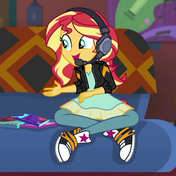 Size: 642x642 | Tagged: safe, screencap, sunset shimmer, equestria girls, equestria girls series, g4, game stream, spoiler:eqg series (season 2), clothes, converse, cropped, headphones, headset, jacket, leather jacket, shoes, sneakers