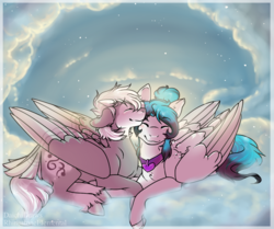 Size: 1252x1047 | Tagged: safe, artist:rhinestoneelemental, oc, oc only, oc:amnesia, oc:silver bell, pegasus, pony, cloud, collar, cuddling, duo, folded wings, lying down, shipping, smiling, wings