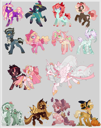 Size: 1125x1425 | Tagged: safe, artist:parfywarfy, oc, oc only, oc:piano forte, alicorn, bat pony, crystal pony, earth pony, frog, pegasus, pony, unicorn, alicorn oc, bat pony oc, bow, collar, colored hooves, cup, digital art, eyes closed, female, flower, folded wings, freckles, group, hat, headband, heart, hoof fluff, horns, jewelry, looking at each other, looking at you, male, mare, open mouth, pumpkin, raised hoof, regalia, smiling, spread wings, stallion, sunflower, teacup, teddy bear, veil, wings, witch hat
