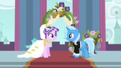 Size: 1920x1080 | Tagged: safe, artist:swiftgaiathebrony, starlight glimmer, trixie, pony, g4, clothes, dress, female, lesbian, marriage, ship:startrix, shipping, wedding, wedding dress