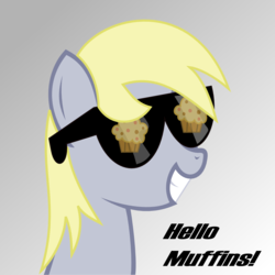 Size: 1001x1000 | Tagged: safe, artist:crimsonlynx97, derpy hooves, pegasus, pony, g4, cute, derpabetes, female, food, glasses, gray background, mare, muffin, simple background, smiling, solo, sunglasses