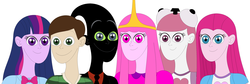 Size: 3464x1160 | Tagged: safe, artist:nathaniel718, pinkie pie, twilight sparkle, demon, human, equestria girls, g4, adventure time, blue's clues, cartoon network, clothes, crossover, cute, cuteamena, discovery family, green shirt, humanized, male, nergal, nergal and princess bubblegum, nick jr., pinkamena diane pie, princess bubblegum, shirt, simple background, steve (blue's clues), striped shirt, the grim adventures of billy and mandy, tickety tock, white background