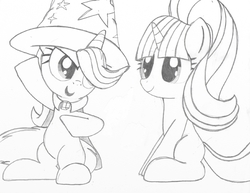Size: 2048x1582 | Tagged: safe, artist:tenebrousmelancholy, starlight glimmer, trixie, pony, unicorn, g4, duo, hat, lineart, missing cutie mark