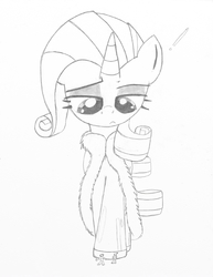 Size: 1582x2048 | Tagged: safe, artist:tenebrousmelancholy, rarity, human, pony, unicorn, g4, bathrobe, clothes, lineart, looking down, macro, macro/micro, micro, robe, size difference
