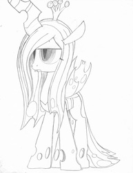 Size: 1700x2200 | Tagged: source needed, safe, artist:tenebrousmelancholy, queen chrysalis, changeling, changeling queen, g4, angry, disappointed, female, grayscale, monochrome, simple background, solo, traditional art, white background