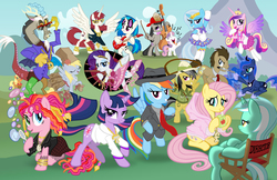 Size: 10285x6655 | Tagged: safe, artist:are-you-jealous, artist:firestorm-can, artist:gratlofatic, artist:hombre0, artist:supermatt314, artist:tygerbug, applejack, daring do, derpy hooves, discord, dj pon-3, doctor whooves, fluttershy, lyra heartstrings, octavia melody, pinkie pie, princess cadance, princess luna, rainbow dash, rarity, sweetie belle, time turner, trixie, twilight sparkle, vinyl scratch, oc, oc:fausticorn, alicorn, draconequus, pegasus, pony, unicorn, alicorn oc, apple juice, bipedal, blowing bubbles, bubble, cello, chair, clothes, cosplay, costume, crossover, crown, delirium, director, director's chair, doctor who, drink, drinking, female, firefighter helmet, firefighter octavia melody, guitar, hat, helmet, jewelry, juice, levitation, magic, male, mare, meme, musical instrument, necklace, open mouth, paper bag, ponyville, regalia, rope, sailor moon, singing, sitting, sitting lyra, smiling, sonic screwdriver, stallion, suit, sunglasses, swag, swagger, telekinesis, the doctor, the sandman, unicorn twilight, uvula, wall of tags