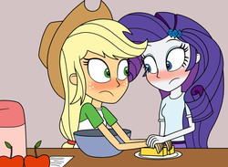Size: 1975x1447 | Tagged: safe, artist:eagc7, applejack, rarity, human, equestria girls, g4, apple, blushing, blushing profusely, bowl, butter, clothes, cute, duo, duo female, female, food, holding hands, jackabetes, lesbian, looking at each other, nickelodeon, paper, parody, plate, racing hearts, raribetes, ship:rarijack, shipping, the loud house
