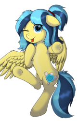 Size: 1234x1900 | Tagged: safe, artist:gleamyvision, oc, oc only, oc:sino, oc:sinoquestria, pegasus, pony, body pillow, cute, digital art, female, filly, medibang paint, naughty, one eye closed, smiling at you, solo, tongue out, wings, wink