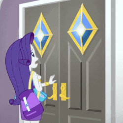 Size: 800x800 | Tagged: safe, screencap, rarity, equestria girls, equestria girls series, fomo, g4, spoiler:eqg series (season 2), animated, armpits, arms in the air, clothes, cropped, door, dress, female, geode of shielding, gif, hands in the air, legs, magical geodes, marshmelodrama, purse, rarity being rarity, rarity peplum dress, skirt, sleeveless, sleeveless dress, swoon