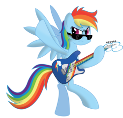 Size: 7879x7601 | Tagged: safe, artist:mysteriouskaos, rainbow dash, pegasus, pony, g4, bipedal, electric guitar, female, guitar, mare, musical instrument, simple background, solo, sunglasses, transparent background, wings