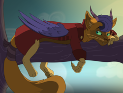 Size: 10594x7986 | Tagged: safe, artist:faitheverlasting, capper dapperpaws, draconequus, g4, my little pony: the movie, absurd resolution, clothes, draconequified, looking at you, male, solo, species swap, tree, tree branch