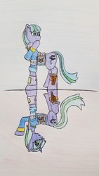 Size: 1044x1855 | Tagged: safe, artist:dice-warwick, oc, oc only, oc:quicktrot fragment, oc:slowtrot, earth pony, pony, unicorn, fallout equestria, fallout equestria: dance of the orthrus, clothes, cutie mark, doppelganger, evil twin, fallout equestria: stable-tec r&d, fanfic, fanfic art, female, gun, handgun, hooves, horn, jumpsuit, mare, pipbuck, pistol, saddle bag, solo, traditional art, vault suit, weapon