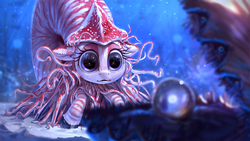 Size: 1200x675 | Tagged: safe, artist:assasinmonkey, oc, oc only, oc:nautila, nautilus, nautilus pony, original species, pony, sea pony, bubble, clam, coral, crepuscular rays, digital painting, eyes on the prize, eyeshadow, female, makeup, mare, ocean, pearl, seaweed, sunlight, swimming, tentacles, underwater, water