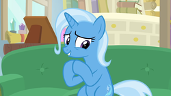 Size: 1920x1080 | Tagged: safe, screencap, trixie, pony, g4, road to friendship, couch, cute, diatrixes, female, lip bite, mare, solo, worried