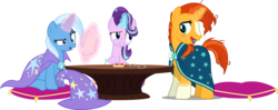 Size: 3144x1242 | Tagged: safe, artist:8-notes, artist:andelai, artist:cloudy glow, artist:dashiesparkle edit, artist:datnaro, artist:worstsousaphonehorse, edit, editor:slayerbvc, vector edit, starlight glimmer, sunburst, trixie, pony, unicorn, g4, blushing, cape, clothes, coat markings, confused, cushion, deck of cards, female, glasses, hat, magic, male, mare, messy mane, open mouth, pillow, playing card, poker, ponies wearing sunburst's socks, robe, simple background, sitting, socks (coat markings), stallion, strip poker, sunburst's cloak, table, transparent background, trixie's cape, trixie's hat, undressing, vector