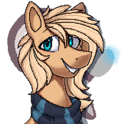 Size: 960x959 | Tagged: safe, artist:enderselyatdark, oc, oc only, oc:mirta whoowlms, pony, rcf community, blue eyes, bust, clothes, female, mare, pixel art, portrait, scarf, smiling, solo