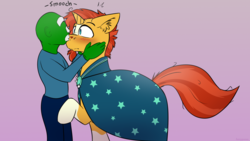 Size: 2560x1440 | Tagged: safe, artist:fuzzypones, sunburst, oc, oc:anon, human, pony, unicorn, g4, blushing, duo, gradient background, kissing, male, purple background, raised hoof, simple background, smooch, snoot, stallion, surprised, text