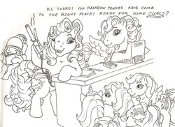Size: 819x595 | Tagged: safe, artist:foxspotted, earth pony, pegasus, pony, unicorn, g1, book, bow, cash register, counter, female, foal, hair curlers, hair salon, lineart, paper, pencil, rainbow curl pony, reading, speech, tail bow, wavy tail