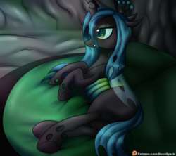 Size: 2250x2000 | Tagged: safe, artist:novaspark, queen chrysalis, changeling, changeling queen, g4, changelings in the comments, crown, female, high res, jewelry, lying on bed, patreon, patreon logo, regalia, solo