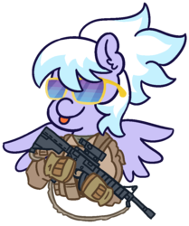 Size: 820x980 | Tagged: safe, artist:threetwotwo32232, cloudchaser, pegasus, pony, g4, ar-15, female, glasses, gun, mare, marine, mlem, rifle, silly, solo, sunglasses, tongue out, weapon