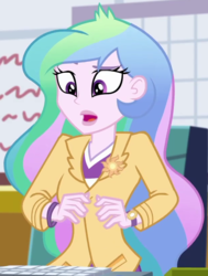 Size: 620x820 | Tagged: safe, screencap, princess celestia, principal celestia, human, equestria girls, g4, my little pony equestria girls: better together, schedule swap, blazer, celestia's office, cropped, female, open mouth, solo, surprised, watch