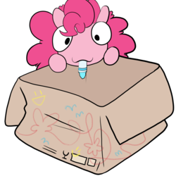 Size: 1280x1280 | Tagged: safe, artist:cutepencilcase, pinkie pie, earth pony, pony, g4, :3, box, cute, diapinkes, female, marker, mouth hold, solo