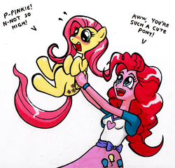 Size: 1600x1533 | Tagged: safe, artist:bantam, fluttershy, pinkie pie, human, pegasus, pony, equestria girls, g4, blushing, dialogue, holding a pony, simple background, square crossover, traditional art