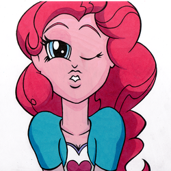 Size: 1200x1200 | Tagged: safe, artist:bantam, pinkie pie, equestria girls, g4, female, kissing, one eye closed, simple background, solo, traditional art, wink