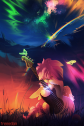 Size: 2000x3000 | Tagged: safe, artist:freeedon, scootaloo, butterfly, pegasus, pony, g4, bass guitar, color porn, commission, crying, female, guitar, high res, musical instrument, rainbow, scenery, scootabass, sitting, solo, twilight (astronomy)