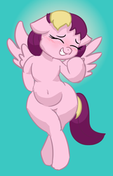 Size: 611x946 | Tagged: safe, artist:comfyplum, oc, oc only, oc:comfy plum, pegasus, pony, belly, blushing, chubby, embarrassed, eyes closed, female, flattered, happy, mare, smiling, spread wings, wide hips, wings