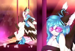Size: 3378x2329 | Tagged: safe, artist:honeybbear, oc, oc only, oc:beatz, pegasus, pony, chest fluff, female, glasses, high res, mare, pole dancing, solo, stripper pole