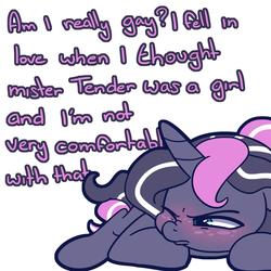 Size: 1500x1500 | Tagged: safe, artist:lou, oc, oc only, oc:love trap, pony, unicorn, blushing, dialogue, freckles, girly, horn, lying down, male, solo, speech, unicorn oc