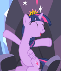 Size: 696x821 | Tagged: safe, screencap, twilight sparkle, alicorn, pony, equestria games (episode), g4, belly, cheering, cropped, crown, eyes closed, female, jewelry, mare, new crown, open mouth, regalia, sitting, smiling, solo, twilight sparkle (alicorn)