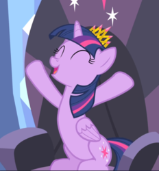 Size: 734x792 | Tagged: safe, screencap, twilight sparkle, alicorn, pony, equestria games (episode), g4, belly, chair, cheering, cropped, crown, eyes closed, female, hooves in air, jewelry, mare, new crown, open mouth, regalia, sitting, smiling, solo, twilight sparkle (alicorn)