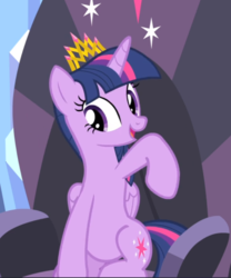 Size: 677x812 | Tagged: safe, screencap, twilight sparkle, alicorn, pony, equestria games (episode), g4, belly, cropped, crown, female, jewelry, mare, new crown, open mouth, regalia, sitting, smiling, solo, twilight sparkle (alicorn)